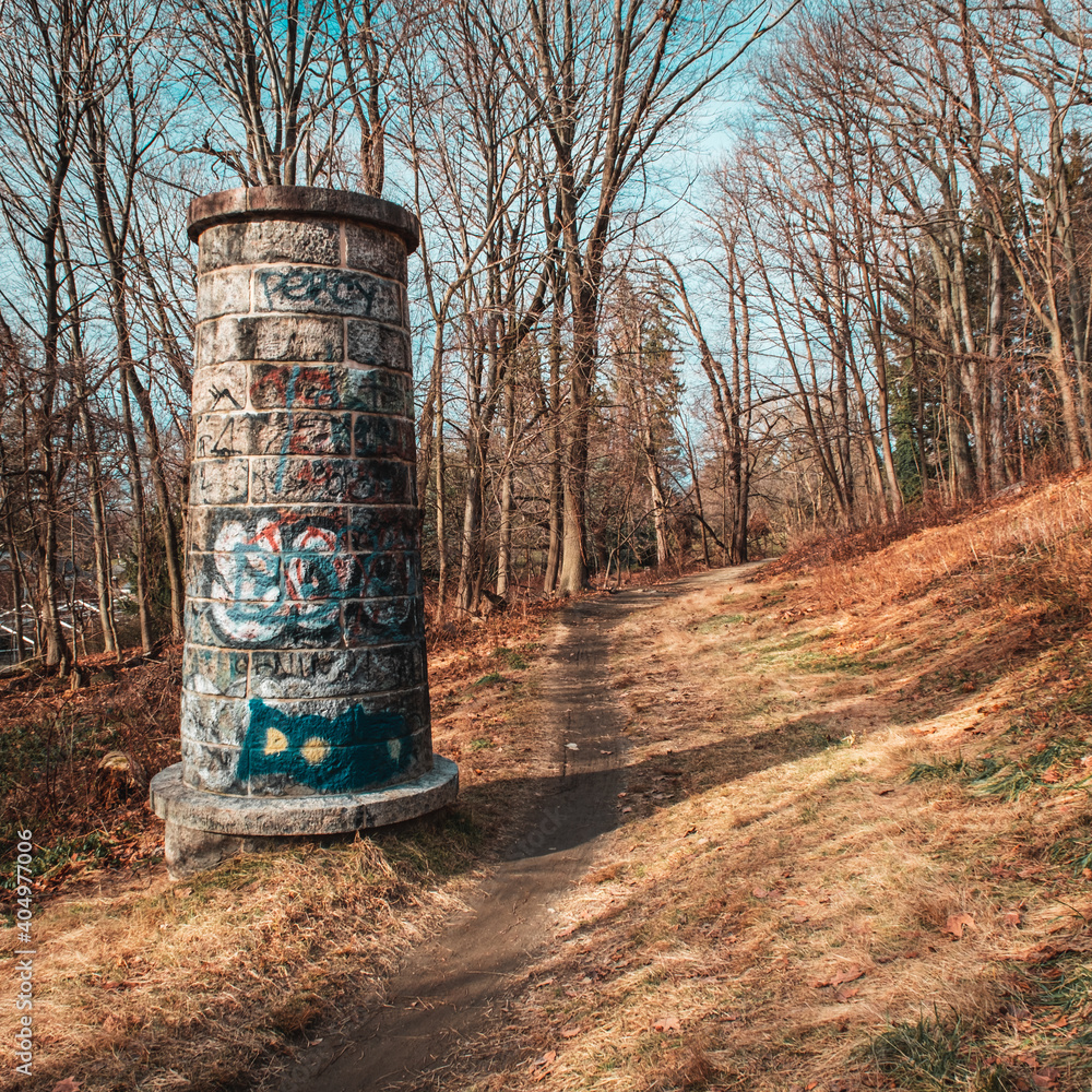 Graffitied stone ventilator on the Old Croton Aqueduct near Lyndhurst Mansion Graffitied stone ventilator on the Old Croton Aqueduct near Lyndhurst Mansion