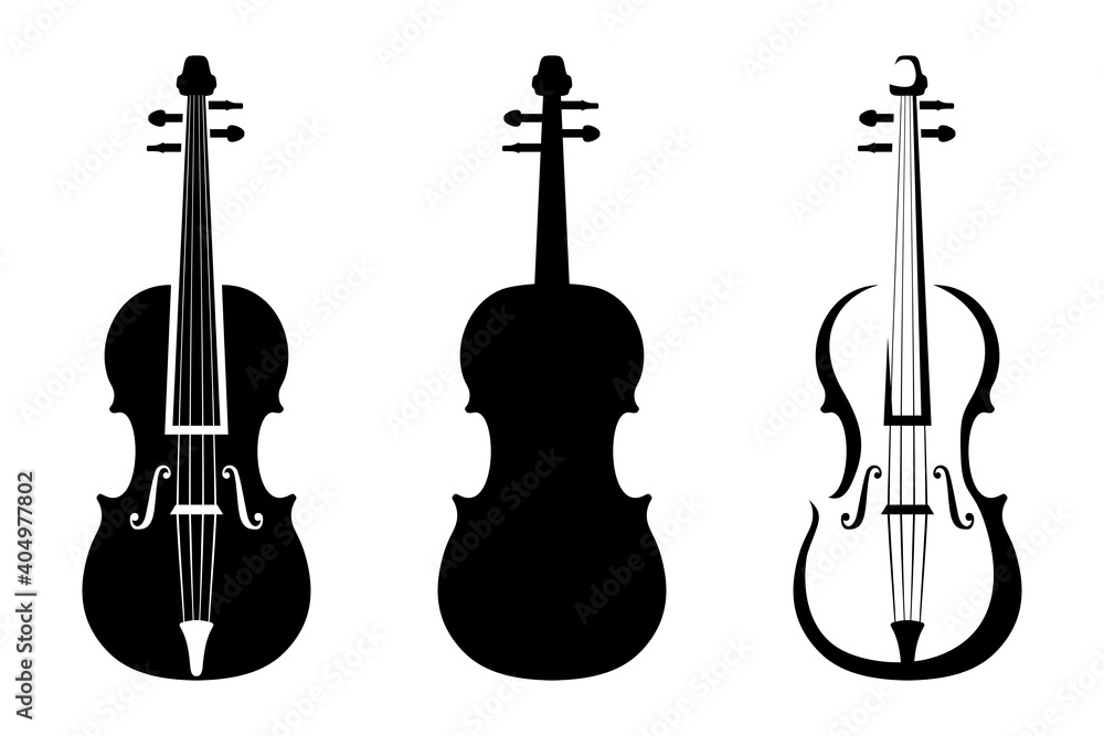 Foto Set of three black silhouettes of violins isolated on a white background