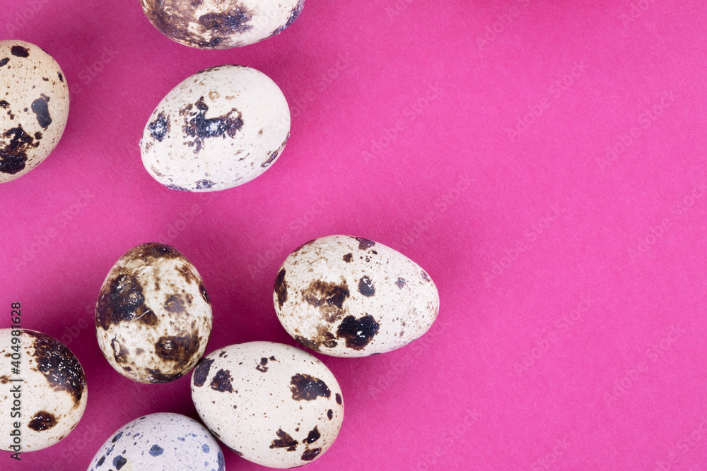 Quail eggs on a pink background. Place for your text. Close-up Quail eggs on a pink background. Place for your text. Close-up