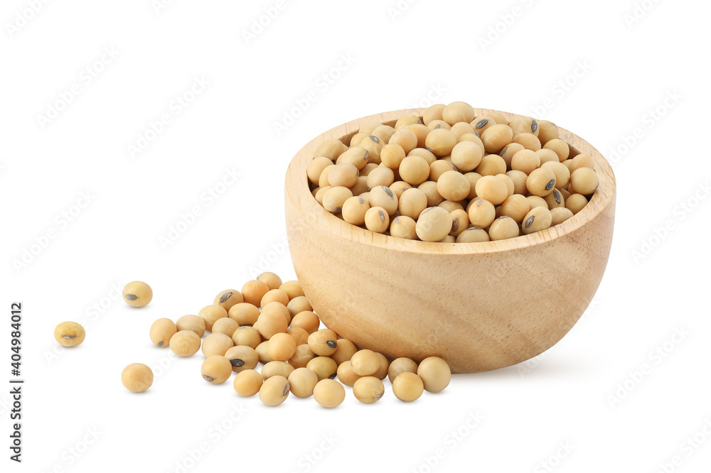 Close up soybean seeds in wooden bowl on white background isolated with clipping path and full depth of field Close up soybean seeds in wooden bowl on white background isolated with clipping path and full depth of field