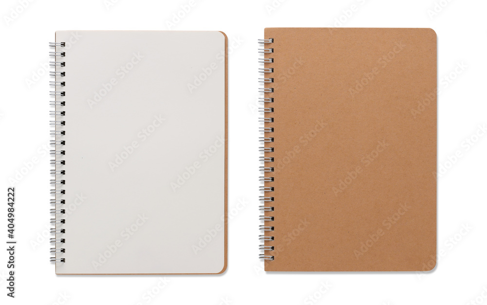 Top view closed and opened image of spiral blank notebook or notepad isolated and white background with clipping path - obrazy, fototapety, plakaty 
