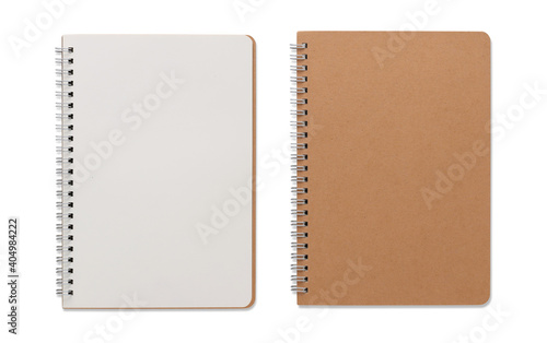 Top view closed and opened image of spiral blank notebook or notepad isolated and white background with clipping path