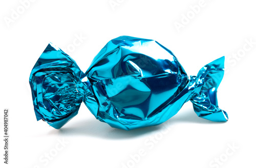 Single Blue Wrapped Candy on a White Background