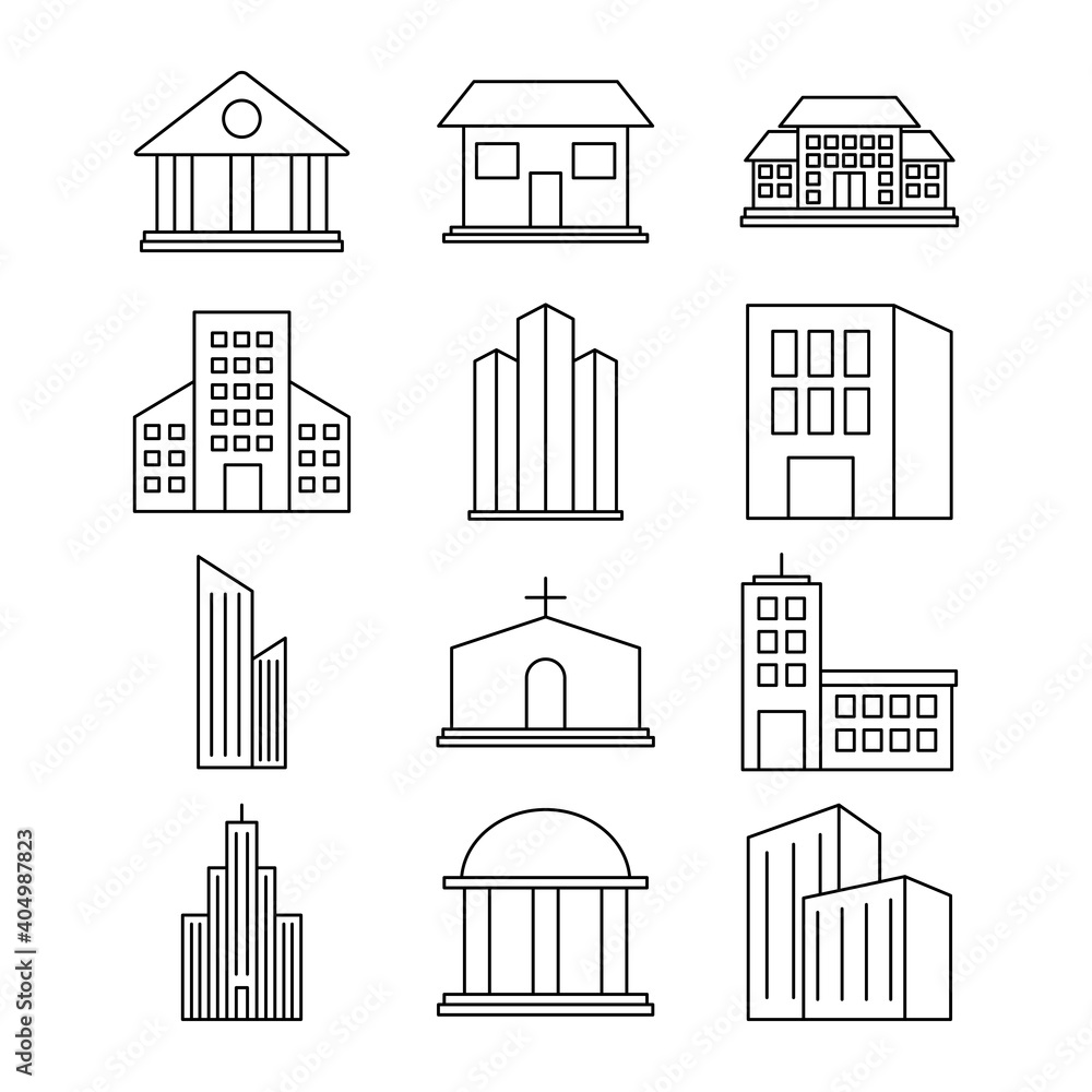 icon set of city buildings, line style