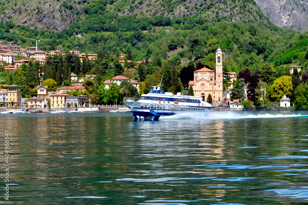 Hydrofoil Boat Speeding on Como Lake in Northern Italy