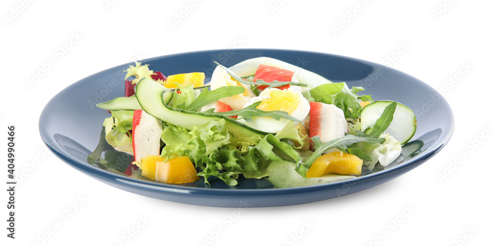 Delicious salad with crab sticks and lettuce on white background Delicious salad with crab sticks and lettuce on white background