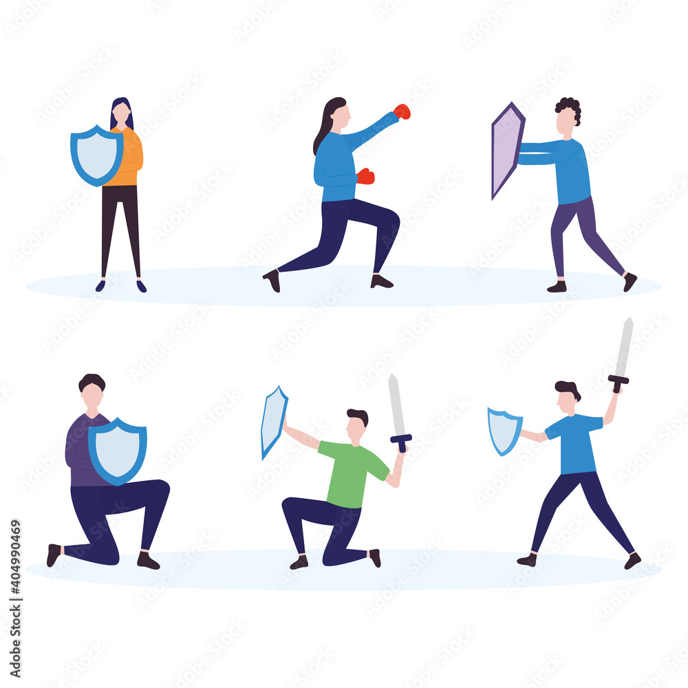 people with swords and shields icon set, colorful design