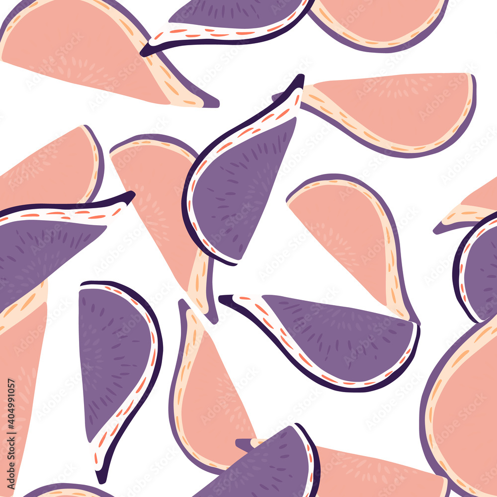 Tasty abstract seamless food pattern with fig fruit silhouettes. Pink and purple ornament on white background.