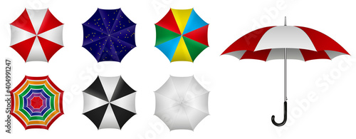 set of realistic umbrella in various type or mock up black and white umbrella closeup or outdoor parasol protection weather waterproof material concept. eps 10 vector, easy to modify