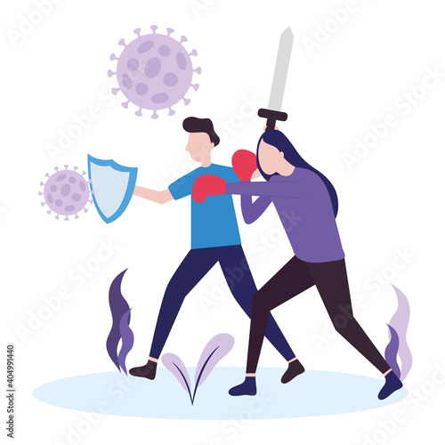 woman and man protecting themselves from covid with a shield and sword, colorful design