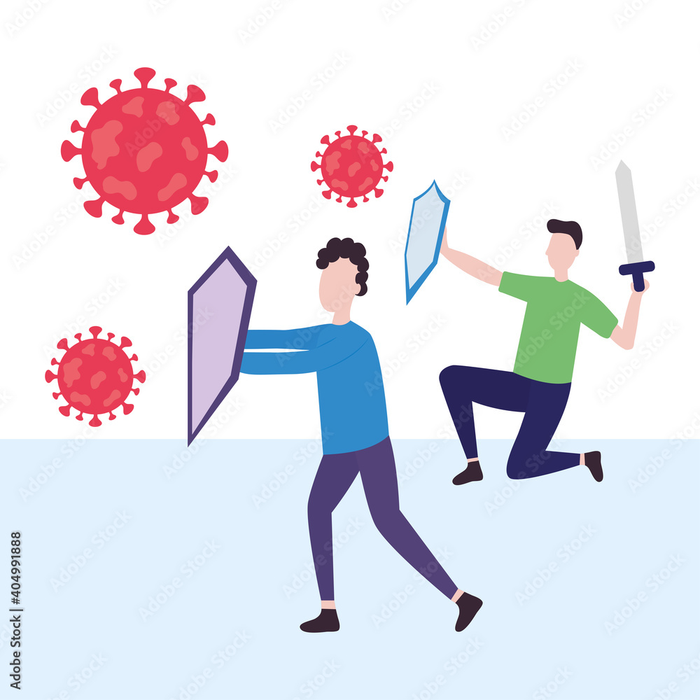 cartoon men protecting themselves from covid with shields and swords cartoon men protecting themselves from covid with shields and swords