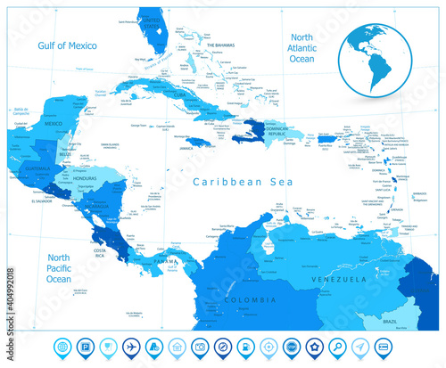 Blue Map of the Caribbean and pin icons