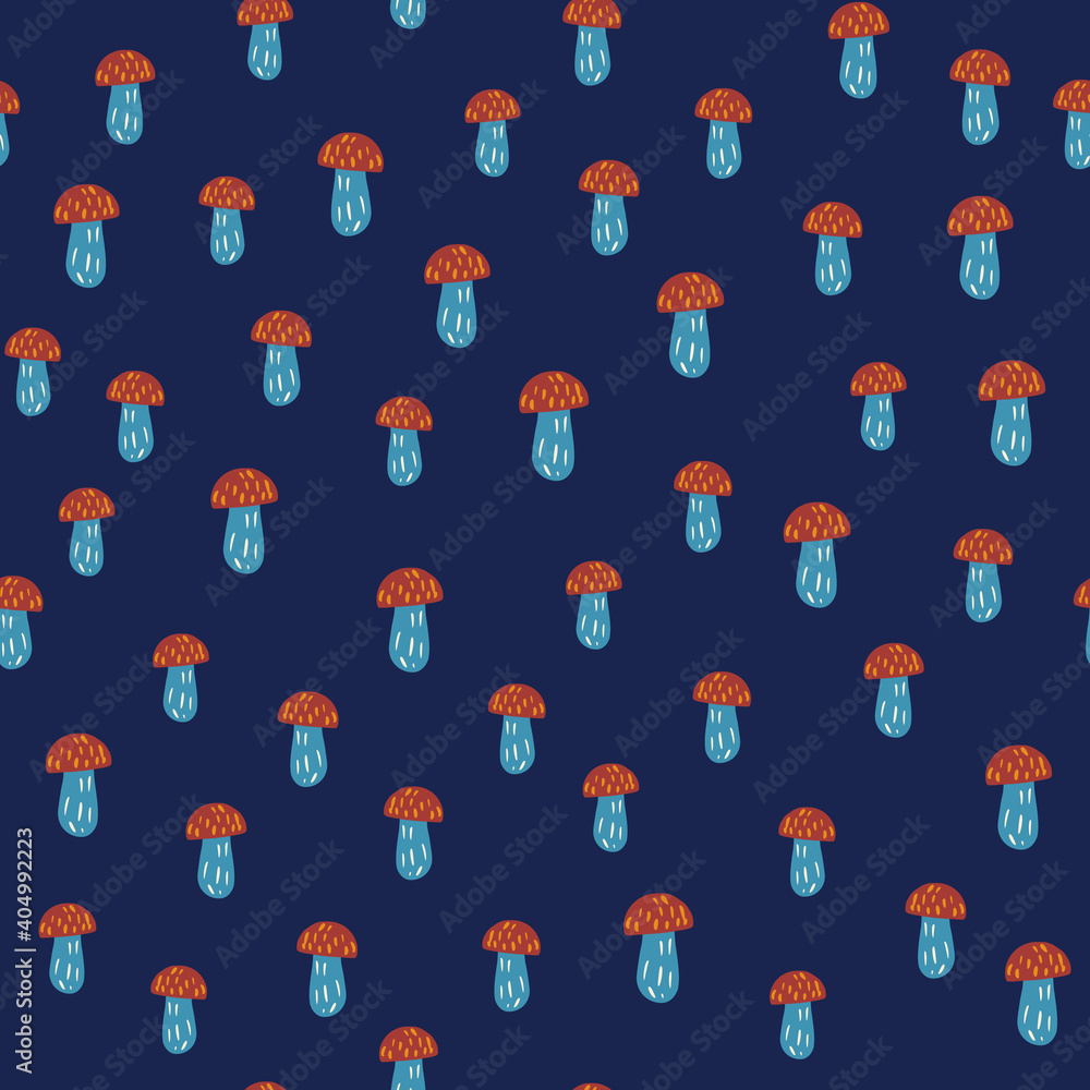 Forest nature seamless pattern with red mushroom little random print. Navy blue background. Forest nature seamless pattern with red mushroom little random print. Navy blue background.