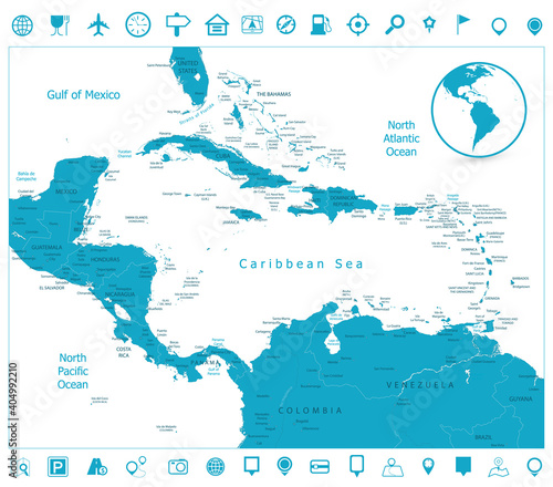 Map of the Caribbean and navigation icons