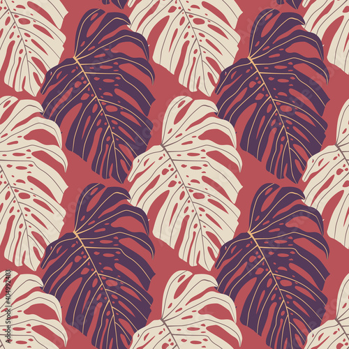 Cartoon seamless nature pattern with simple light and purple monstera ornament. Pink background.
