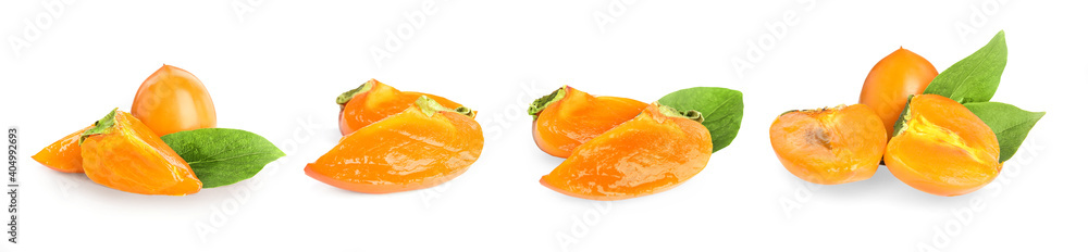 Set of delicious fresh ripe persimmons on white background. Banner design Set of delicious fresh ripe persimmons on white background. Banner design