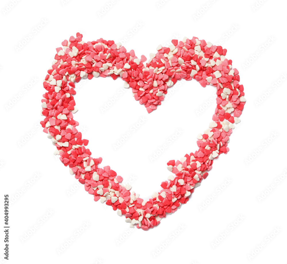 Heart made of sweet candies on white background, top view Heart made of sweet candies on white background, top view