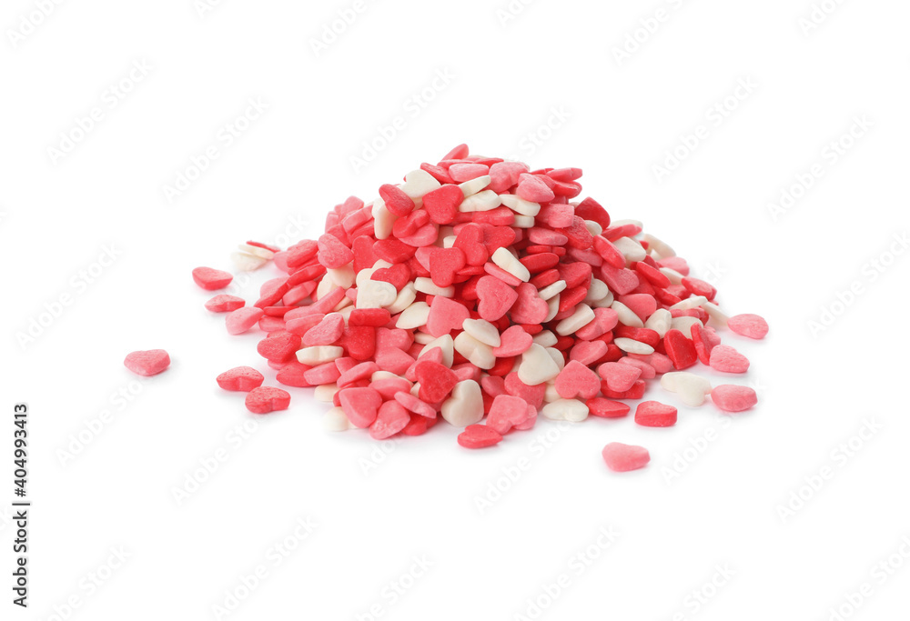 Pile of bright heart shaped sprinkles on white background Pile of bright heart shaped sprinkles on white background