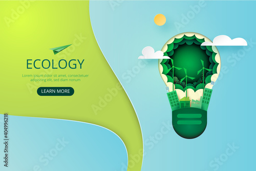 Paper art of green eco city.Ecology and save energy for environment conservation concept landing page website template background.