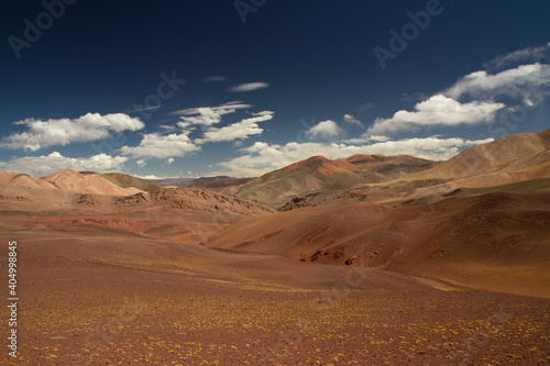 Desert landscape high in the Andes mountain range. View of the brown land and colorful mountains in Laguna Brava  La Rioja  Argentina.