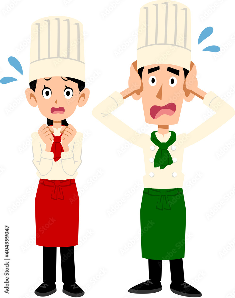 困惑する料理人の男女
困惑する料理人の男女