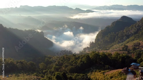 Aerial view of beautiful morning mist mountain in Bang Cha Po or Ban Ja Bo village in Pang ma pha district in Mae Hong Son, Thailand photo