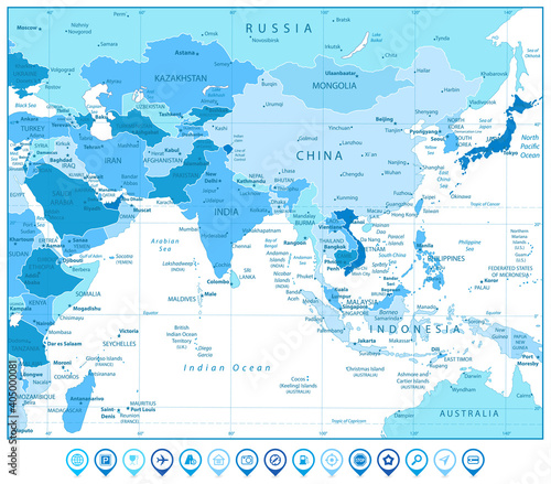 South Asia Map and Map Markers in Colors of Blue