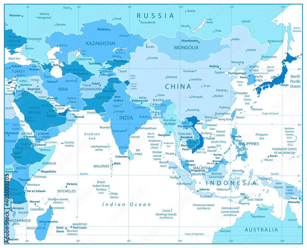 South Asia Map in Colors of Blue