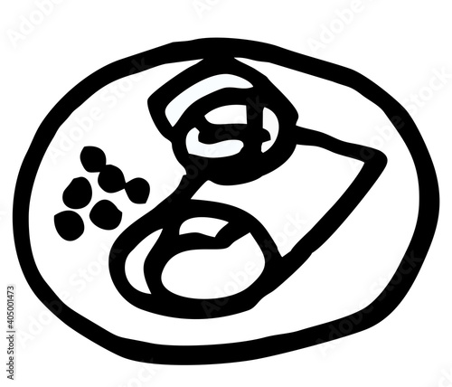 Icon stuffed pancakes, dessert painted in black and white on a white background. Vector image