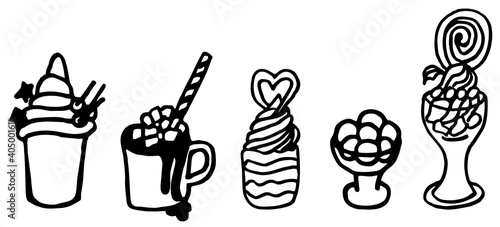 Icon set of ice cream and hot chocolate with marshmallow cupcake, dessert painted in black and white on a white background. Vector image