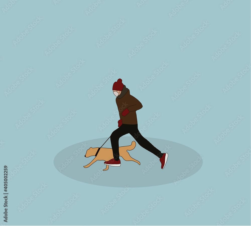 Runner woman with her dog wearing medical mask in city streets, Covid-19 coronavirus pandemic. Sport, active life in quarantine, surgical face mask. 