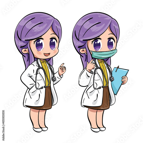 Vector illustration of a cute female medical doctor wearing face mask, carrying a stethoscope and a folder. Drawn in kawaii chibi style.