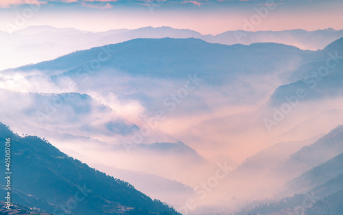 mountains and clouds. Serine view of great Himalayan range from the small village, Lojajung, Uttrakhand, India