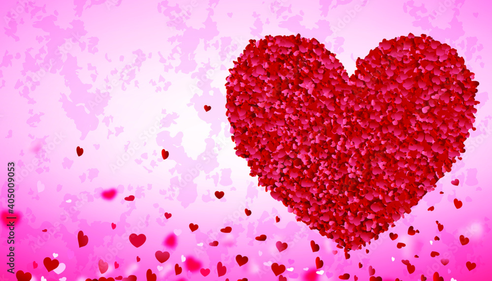 Happy Valentines Day background. Greeting and celebration love day. Big heart from small hearts fall in love concept. Love background with red and pink hearts. Vector illustration
