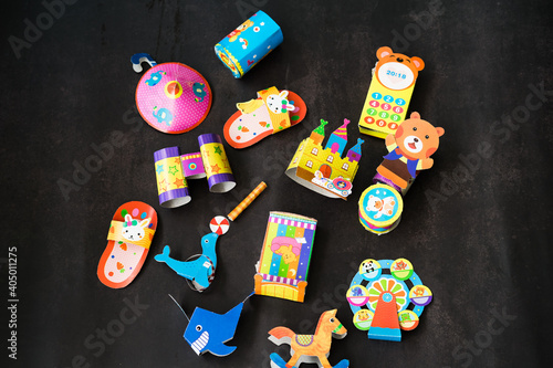 Cut and glue the paper Kids crafts activity. Children art game. Create toys yourself. Birthday decor.