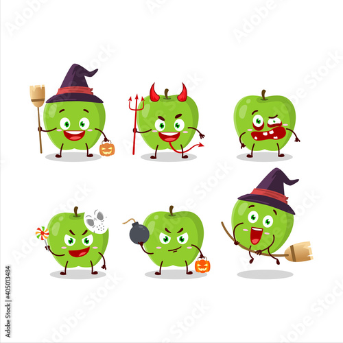 Halloween expression emoticons with cartoon character of new green apple
