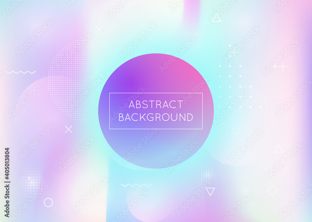 Dynamic shape background with liquid fluid. Holographic bauhaus gradient with memphis elements. Graphic template for book, annual, mobile interface, web app. Bright dynamic shape background.