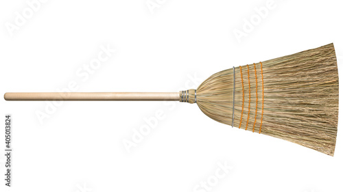 Corn straw Broom. Garden commercial or professional natural organic wooden broom on isolated white background. Tool for home or room Cleaning. photo
