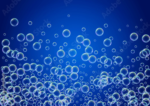 Bath bubble. Detergent soap foam and suds for bathtub. Shampoo. Creative fizz and splash. Realistic water frame and border. 3d vector illustration invite. Blue colorful liquid bath bubble.