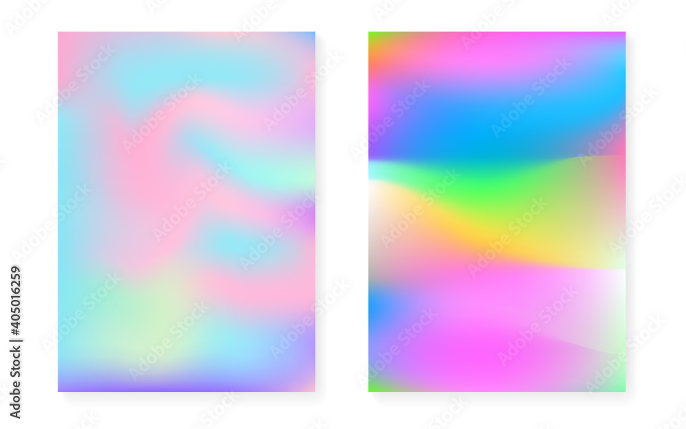 Holographic gradient background set with hologram cover. 90s, 80s retro style. Pearlescent graphic template for flyer, poster, banner, mobile app. Colorful minimal holographic gradient.