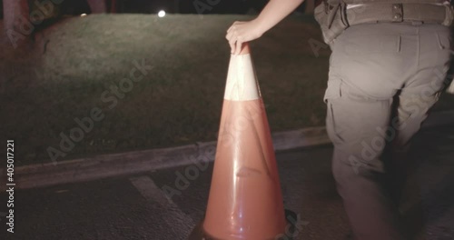Police Officer Putting Down Traffic Cone 4K