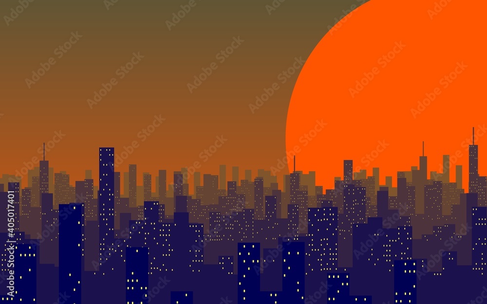 Illustrative concept of a city during sunset or sunrise. View of the silhouettes of multi-storey buildings.