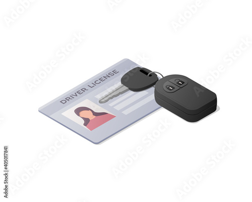 Driver license and car key. Colored Isometric vector illustration. Isolated on white background.