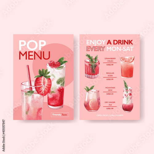 Soda drink menu template for cafe and bistro watercolor vector illustration