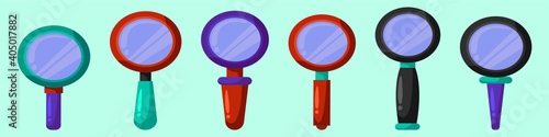set of magnifying glass cartoon icon design template with various models. vector illustration isolated on blue background