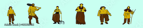 set of peasant cartoon icon design template with various models. vector illustration isolated on blue background