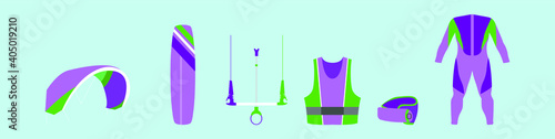 set of kite surfing equipment cartoon icon design template with various models. vector illustration isolated on blue background