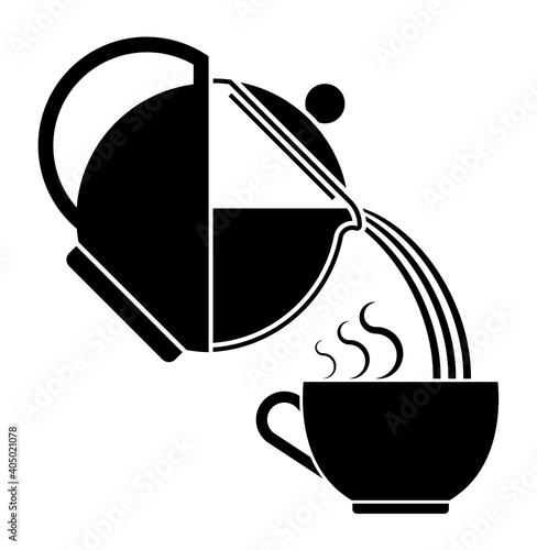 icon silhouette of glass teapot for tea drinking pours hot water into ceramic cup. Breakfast utensils. Black and white vector