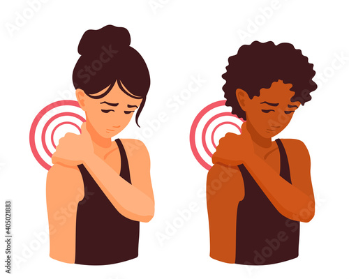 A cute girl massaging her sore neck with her hand. Neck pain. Trapezius muscle spasm. Shoulder pain. The human spine hurt. A woman touching ache neck after the workout. A vector cartoon Illustration.