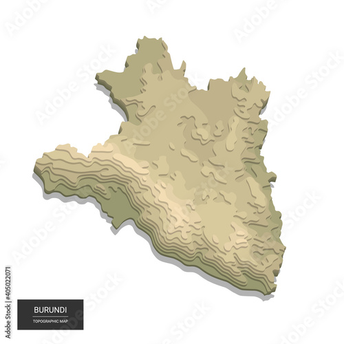 Burundi map - 3D digital high-altitude topographic map. 3D vector illustration. Colored relief, rugged terrain. Cartography and topology.